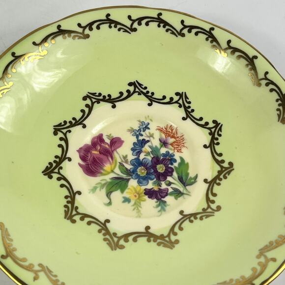 Aynsley England Bone China Teacup Saucer Set Green Gold Floral Pattern 7905 - Picture 15 of 15